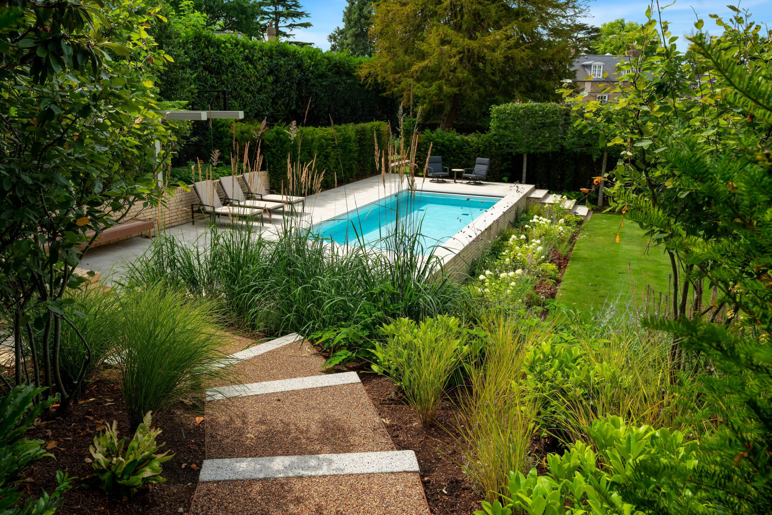 Pool viewed through mixed planting border